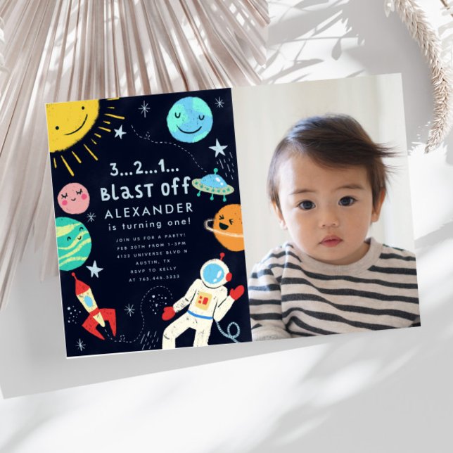 Convite Foto de Festa de aniversário de explosão de espaço (Criador carregado)