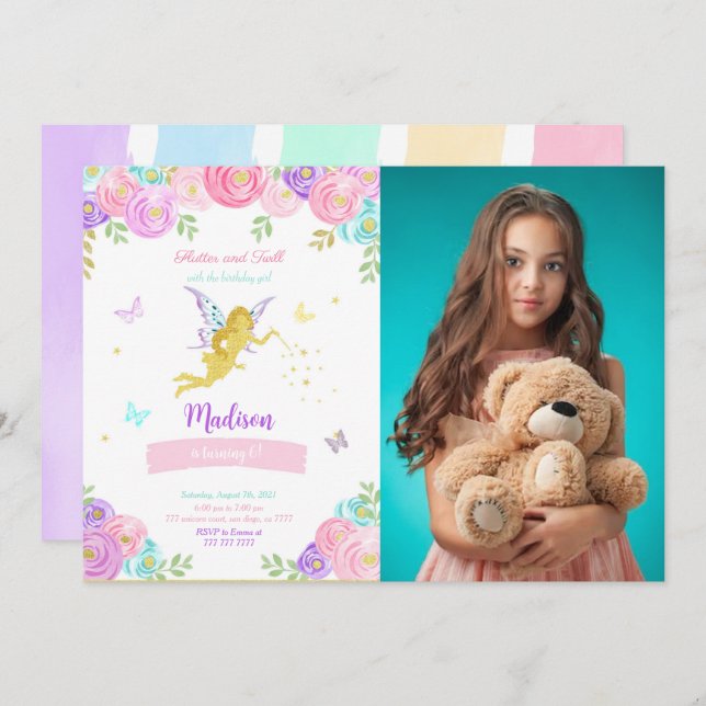 Convite Foto de Festa de aniversário de Fada Editável (Frente/Verso)
