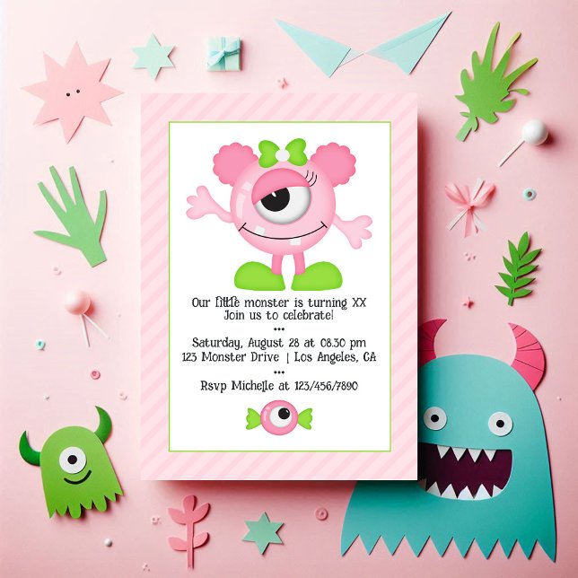 Convite Foto de Festa de aniversário de monstro rosa-claro (Cute Pink Monster Birthday Party Photo Invitation)