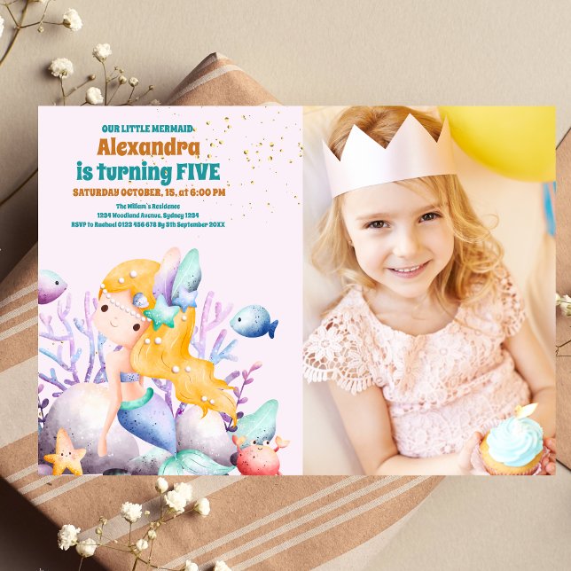 Convite Foto de Festa de aniversário de Sereia de Watercol (Criador carregado)