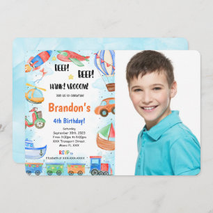 Convite Foto de Festa de aniversário de Transporte Editáve