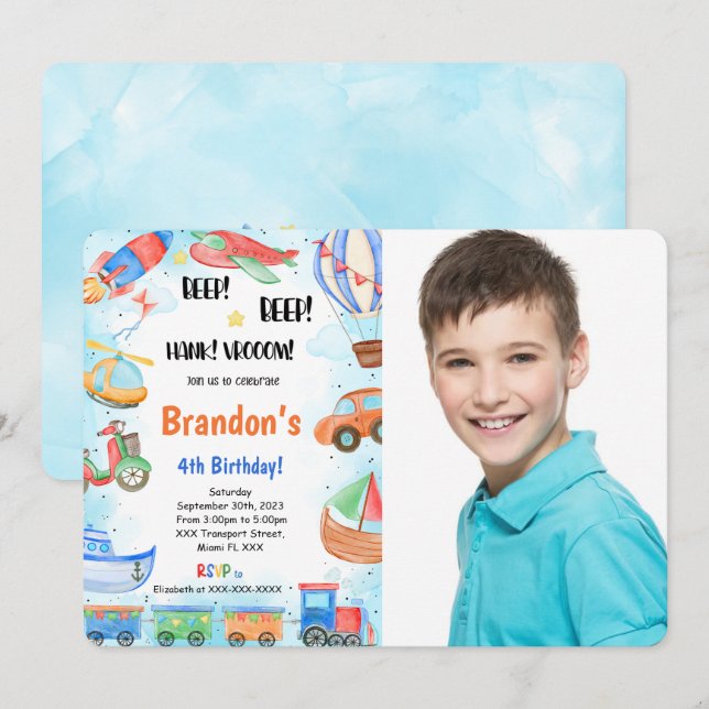 Convite Foto de Festa de aniversário de Transporte Editáve (Frente/Verso)