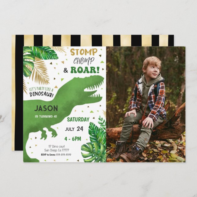 Convite Foto de Festa de aniversário Dinossauro Editável (Frente/Verso)