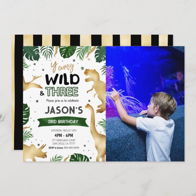 Convite Foto de Festa de aniversário do Dinossauro ouro (Frente/Verso)