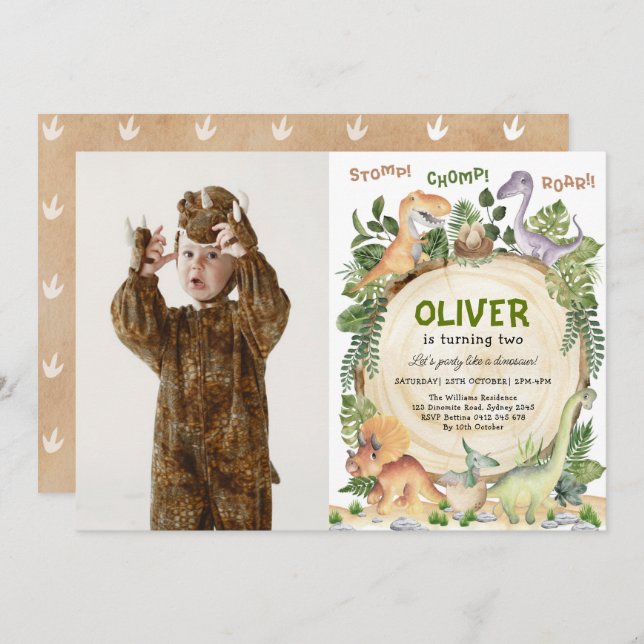 Convite Foto de Festa de aniversário do Tema Dinossauro (Frente/Verso)