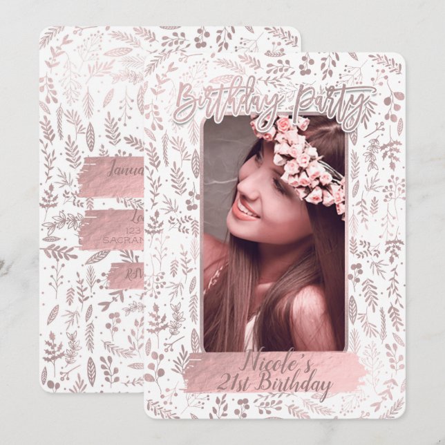 Convite Foto de festa de aniversário moderna com folha de  (Frente/Verso)
