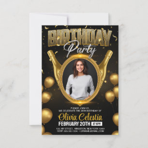 Convite Foto de Festa de Aniversário Moderna em Dourado e 