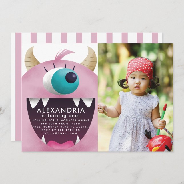 Convite Foto de Festa de aniversário Rosa Monster Bash (Frente/Verso)