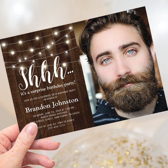 Convite Foto de Festa de Aniversário Surpresa Rústica para (Criador carregado)