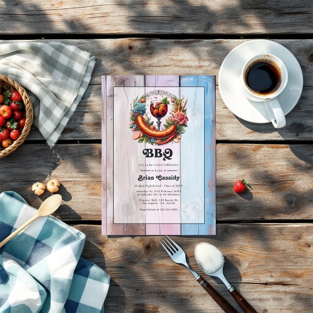 Convite Foto de Festa de formatura de CHURRASCO russo (Rustic BBQ Graduation Party Photo Invitation)