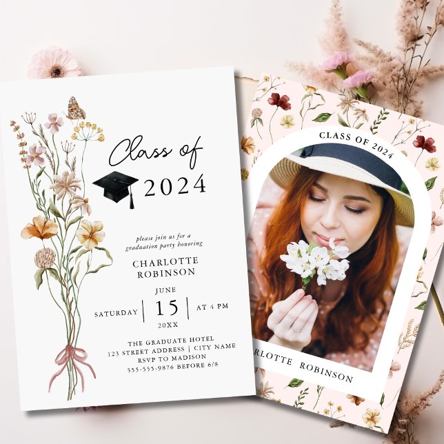 Convite Foto de Festa de formatura de flor selvagem na mod (Stylish Spring Wildflower Graduation Party Photo Invitation)