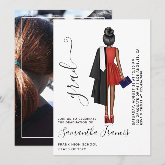 Convite Foto de Festa de formatura de Rapariga Vermelha, N (Frente/Verso)