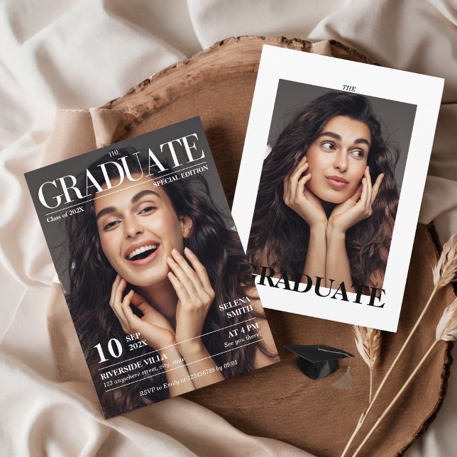 Convite Foto de Festa de formatura do jornal da revista (The Graduate Magazine Cover Photo Editorial Newspaper Unique Graduation Party Invitation )