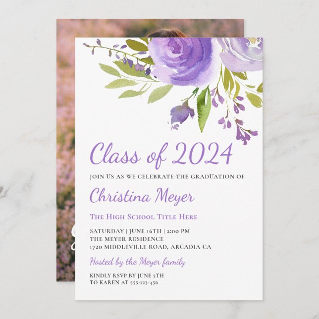 Convite Foto de Festa de formatura Floral Roxo Elegante (Frente/Verso)