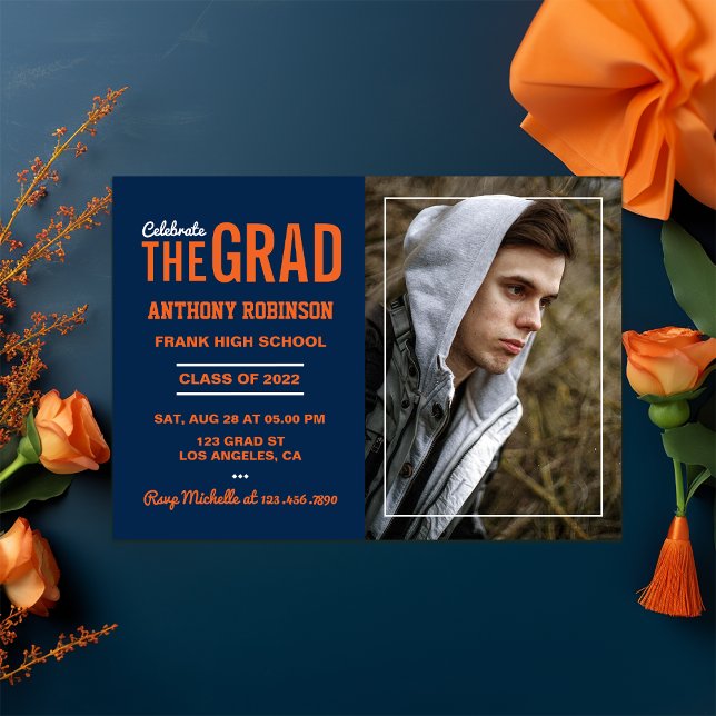 Convite Foto de Festa de formatura laranja e azul (Orange and Blue Graduation invite)