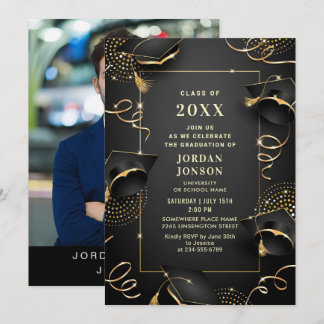 Convite Foto de Festa de formatura Preta do Ouro Moderno