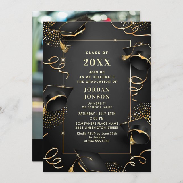 Convite Foto de Festa de formatura Preta do Ouro Moderno (Frente/Verso)