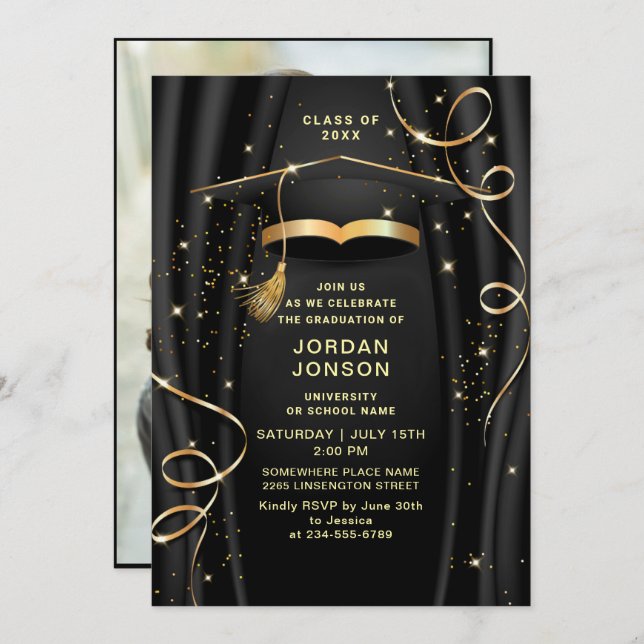 Convite Foto de Festa de formatura Preta do Ouro Moderno (Frente/Verso)