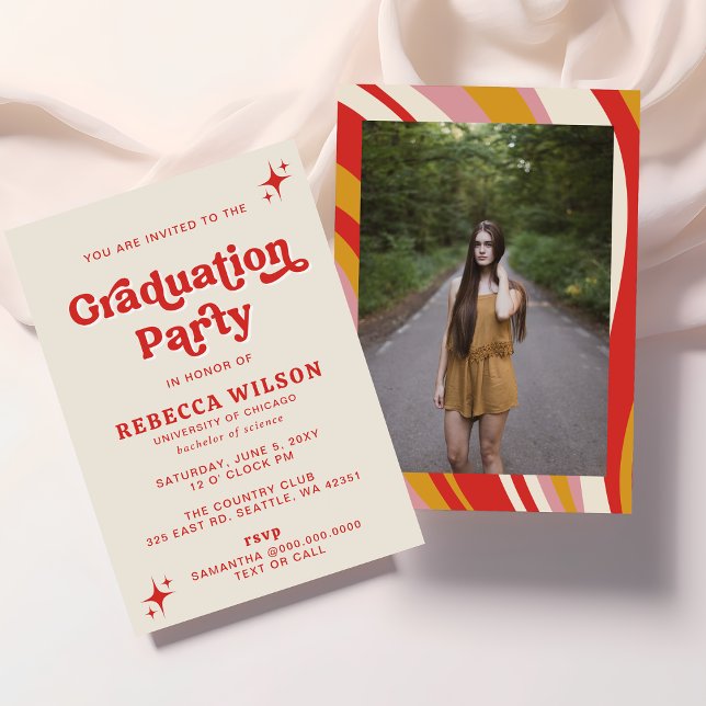 Convite Foto de Festa de formatura Retro Groovy Ivory Red  (Retro Photo Graduation Invitation)