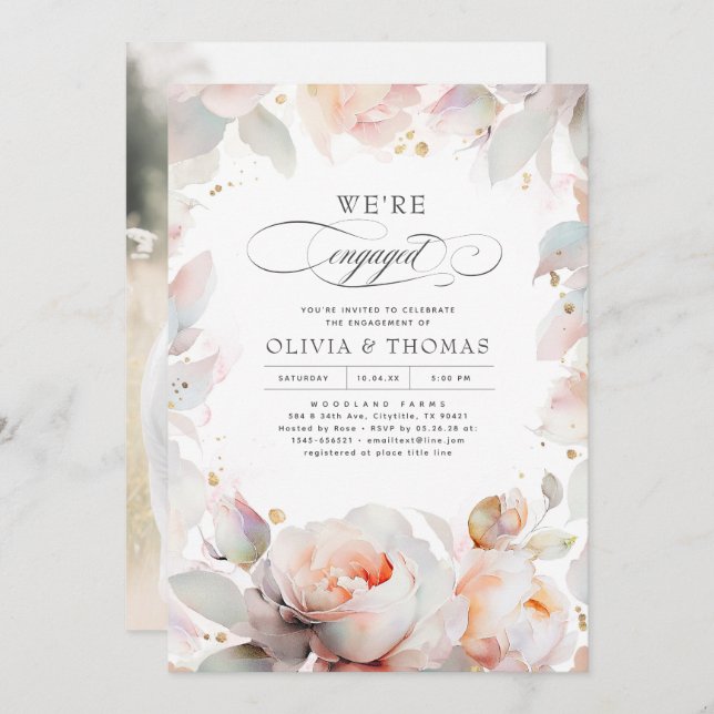 Convite Foto de Festa de noivado de Boho Floral Rosa Elega (Frente/Verso)