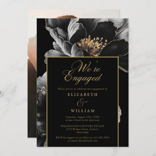 Convite Foto de Festa de noivado Floral Chic Preta E Doura (Frente/Verso)