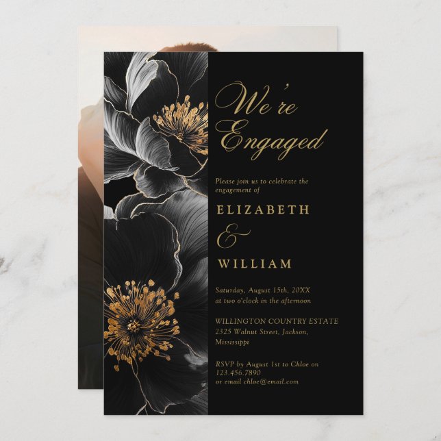 Convite Foto de Festa de noivado Floral Chic Preta E Doura (Frente/Verso)