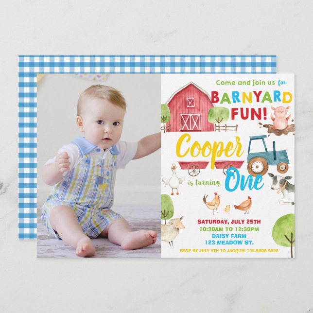 Convite Foto de Festas de aniversário de animais de fazend (Frente/Verso)