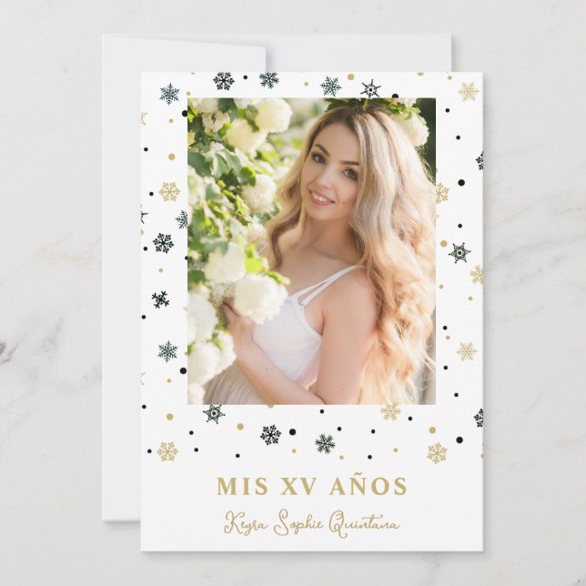 Convite Foto de Floco de Neve Dourado Falso Quinceañera Es (Frente)