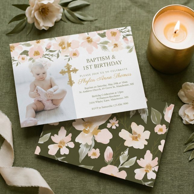 Convite Foto de Florais de Aquarelas do Batismo e do prime (Photo Baptism & 1st Birthday Watercolor Florals Invitation)