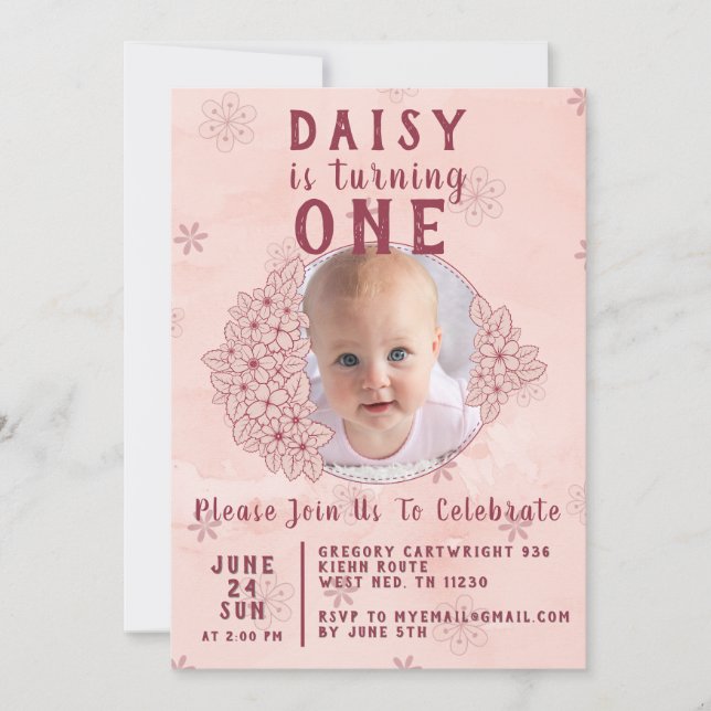 Convite Foto de flores rabiscadas cor-de-rosa (Frente)