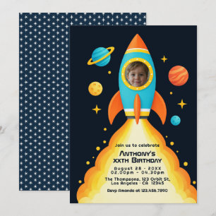 Convite Foto de Foguete Espacial Personalizado para Aniver