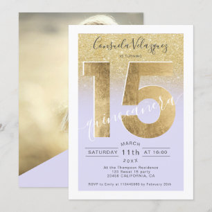 Convite foto de foil dourado com guião roxa quinceanera