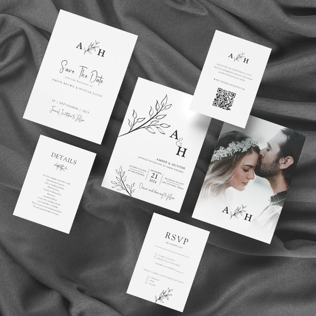 Convite Foto de Folhagem de Monograma Moderno Preto e Bran (Criador carregado)