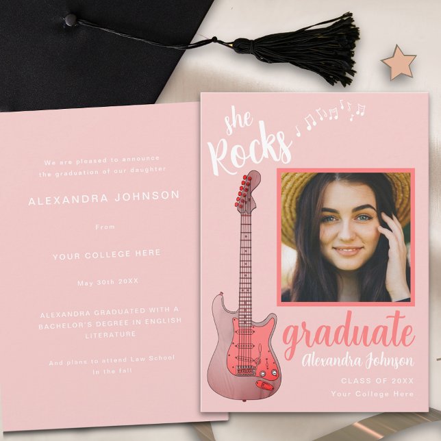 Convite Foto De formando Rosa Script Ela Rocha Música coun (Pink guitar graduate photo modern script Graduation announcement card )