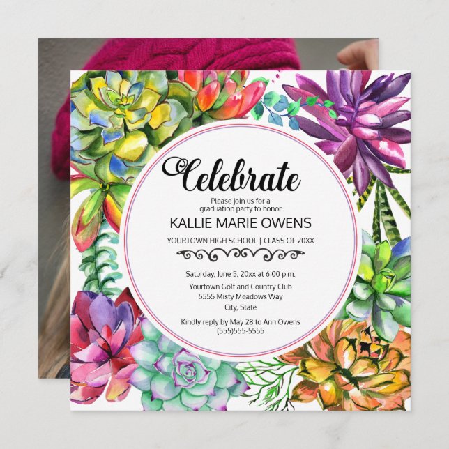 Convite Foto de Formatação Botânica de Suculentes Azuis Ro (Frente/Verso)