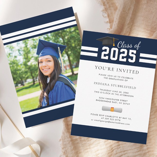 Convite Foto de Formatura 2026 Festa de Formatura Azul Mar (Graduation Photo 2025 Navy Blue Grad Party Invitation)