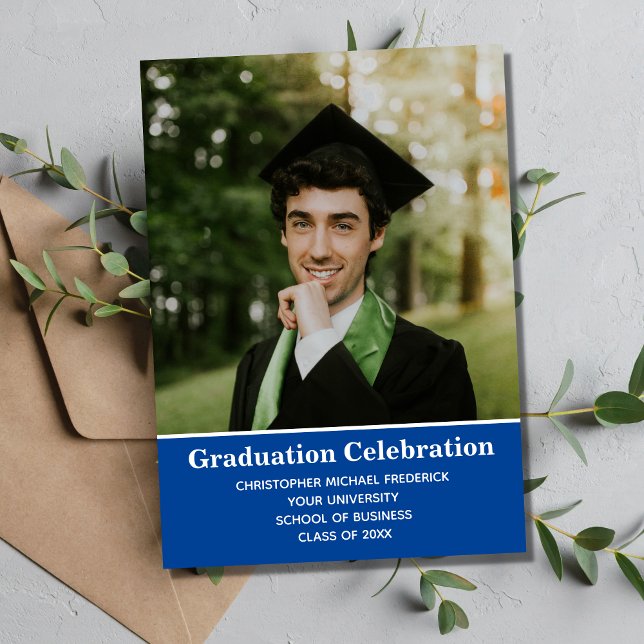 Convite Foto de Formatura Azul Branco Colação de Grau  (Criador carregado)