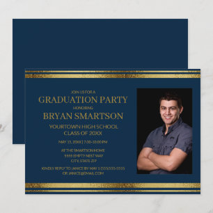Convite Foto de Formatura Azul Marinho Dourado Moderna