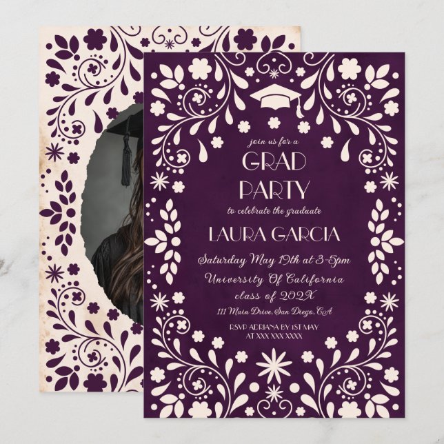Convite Foto de Formatura Bege Roxo Mexicano (Frente/Verso)