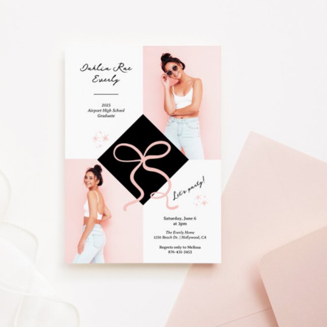 Convite Foto de Formatura com Boina e Laço Rosa Minimalist (Pink Bow Grad Cap Party Invitation)