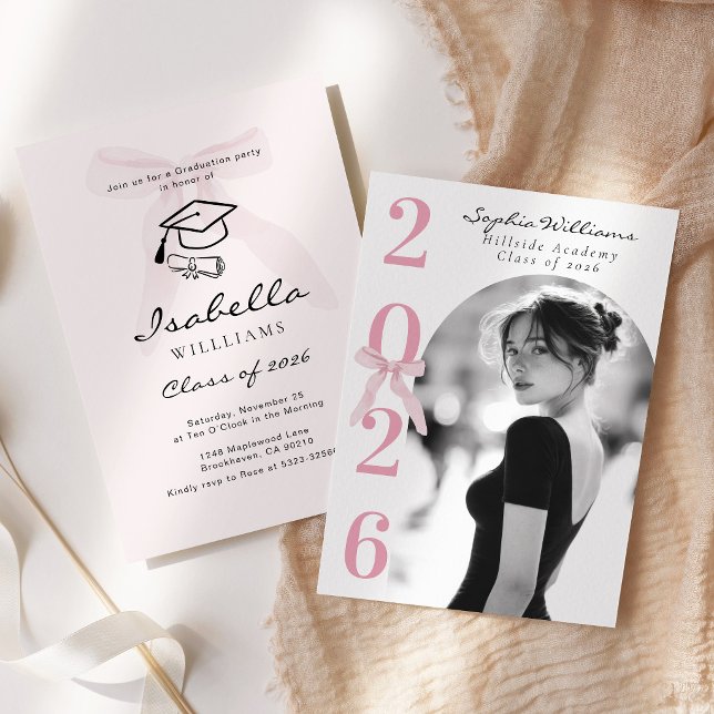Convite Foto de Formatura com Laço Rosa Preto e Branco (Criador carregado)