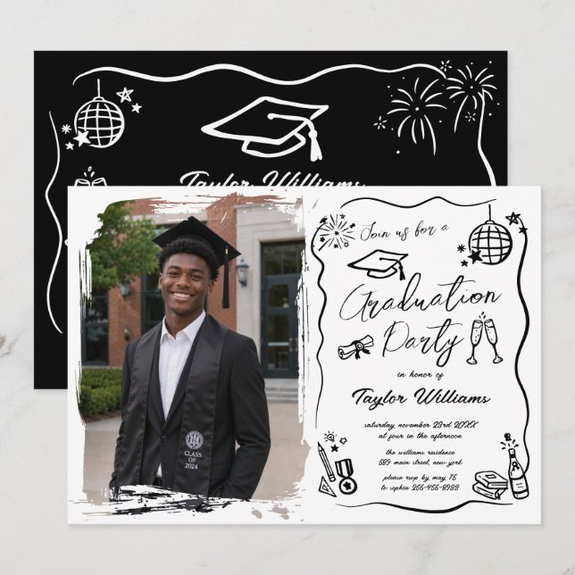 Convite Foto de Formatura com Rabiscos Excêntricos Desenha (Frente/Verso)