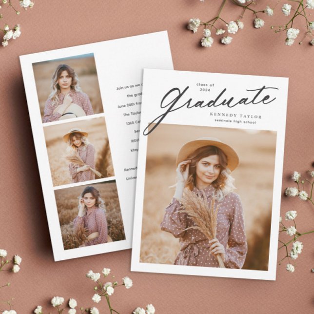 Convite Foto de Formatura com Script de Graduado Elegante (Simple script black and white 4 photo graduation invitation announcement.)