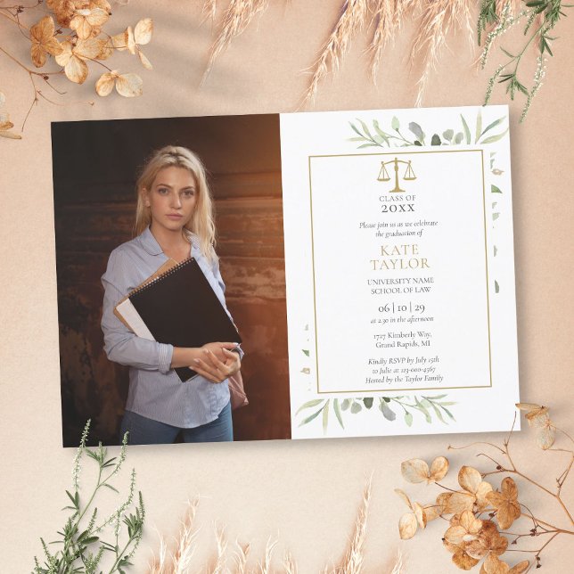 Convite Foto de formatura da faculdade de direito Elegant  (Elegant Greenery Law School Graduation Photo Invitation)