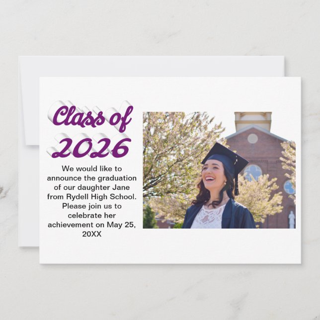 Convite foto de formatura da turma de 2026 com texto roxo (Frente)