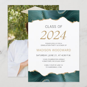 Convite Foto de Formatura de 2024 Ágata Dourada Verde Turq