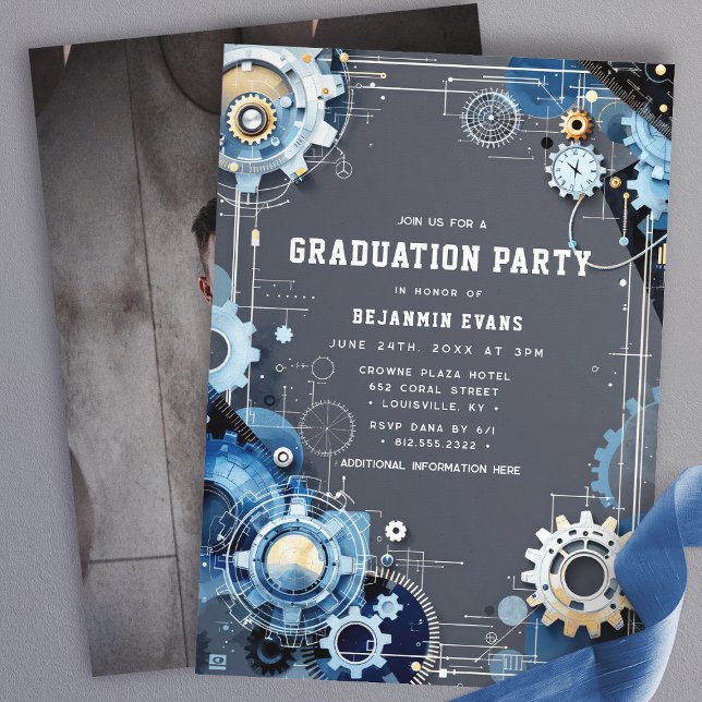 Convite Foto de Formatura de Engenharia em Tons de Azul Ci (Criador carregado)