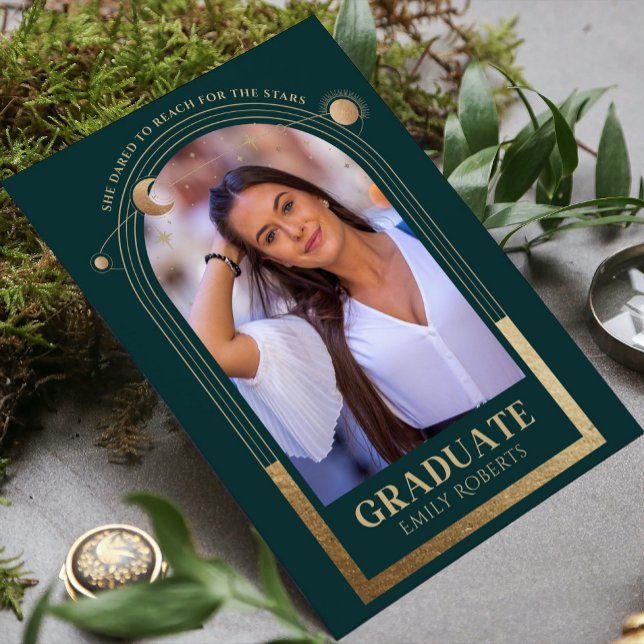 Convite Foto de Formatura Dourada Celestial Verde Floresta (Criador carregado)