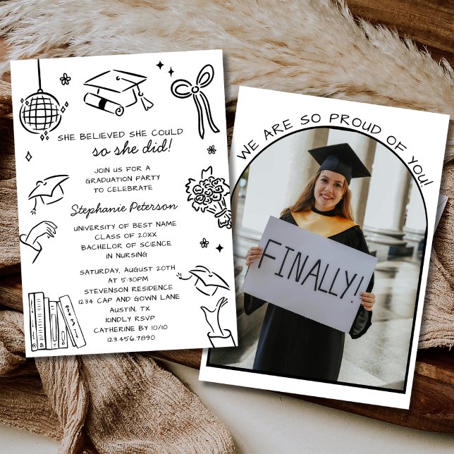 Convite Foto de Formatura em Preto e Branco com Desenho à  (Criador carregado)
