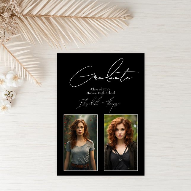 Convite Foto de Formatura Moderna em Preto e Branco em Des (Bold Black and White Modern Graduation Photo Invitation)